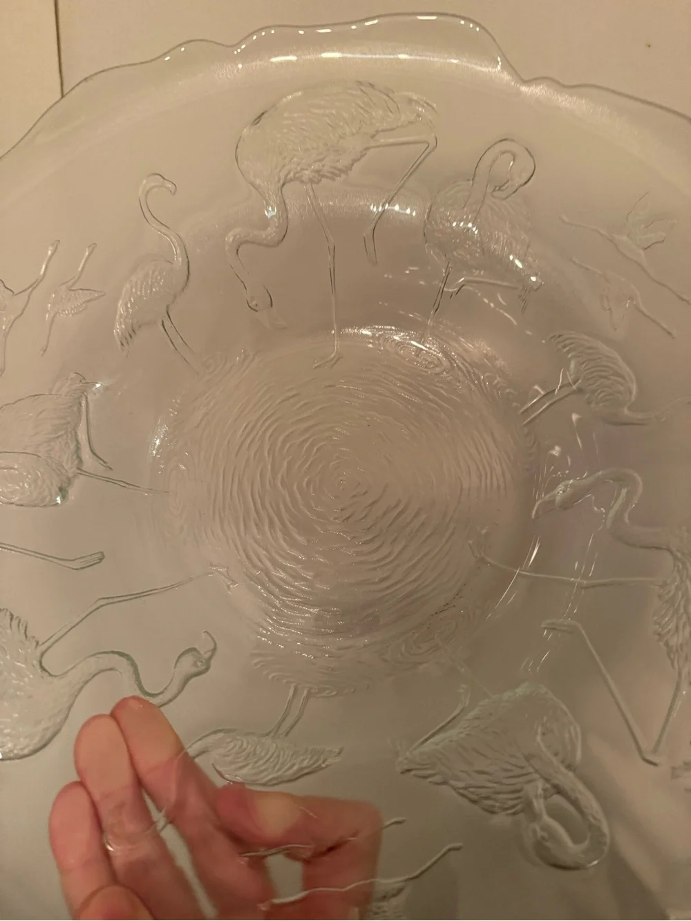 🦩Raised flamingo 🦩 bowl.  French glass 14” scalloped edge.